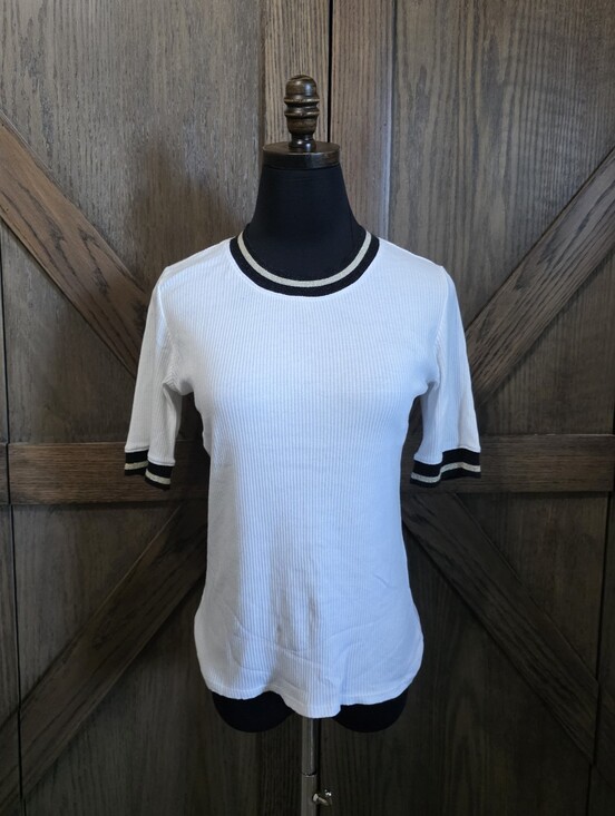 Veronica Beard Tops - Veronica Beard White Ribbed Short Sleeve Top with Black Trim